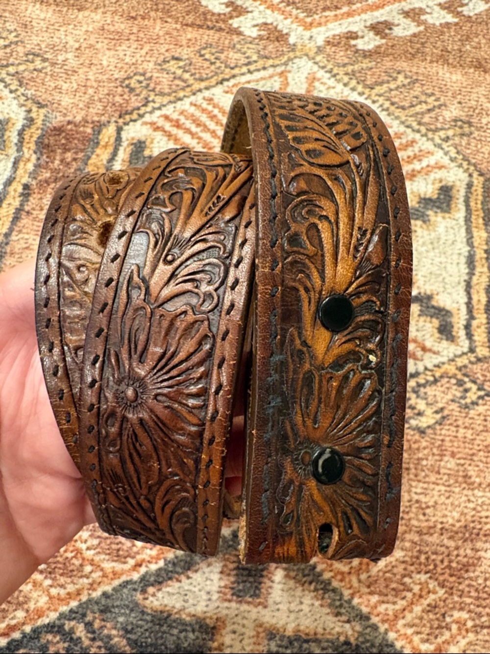 Hand-Tooled Brown Floral Leather Men's Belt Strap